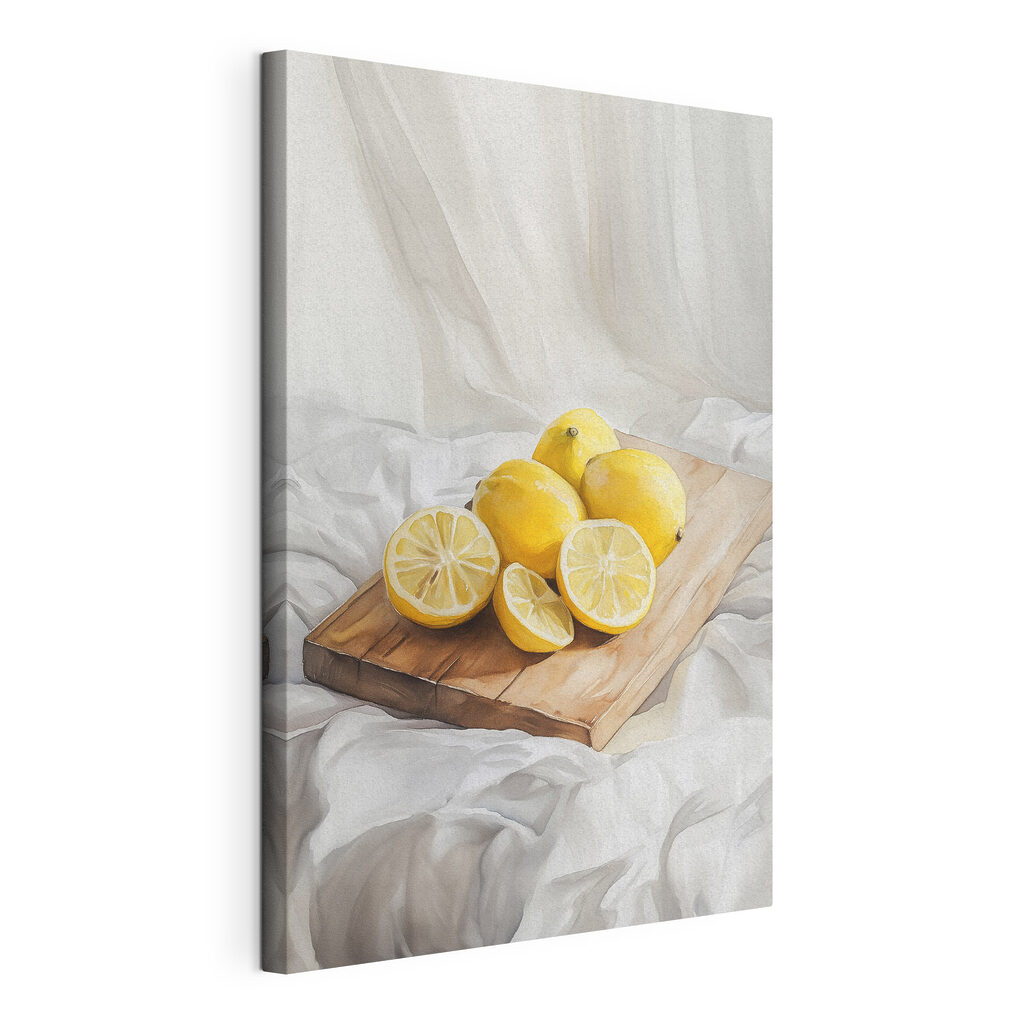 Citrons sur linge blanc, toile tendue et bord enveloppé