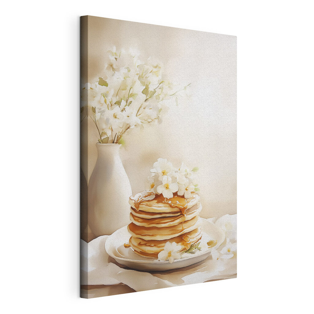 Pancakes et vase fleuri, toile tendue et bord enveloppé
