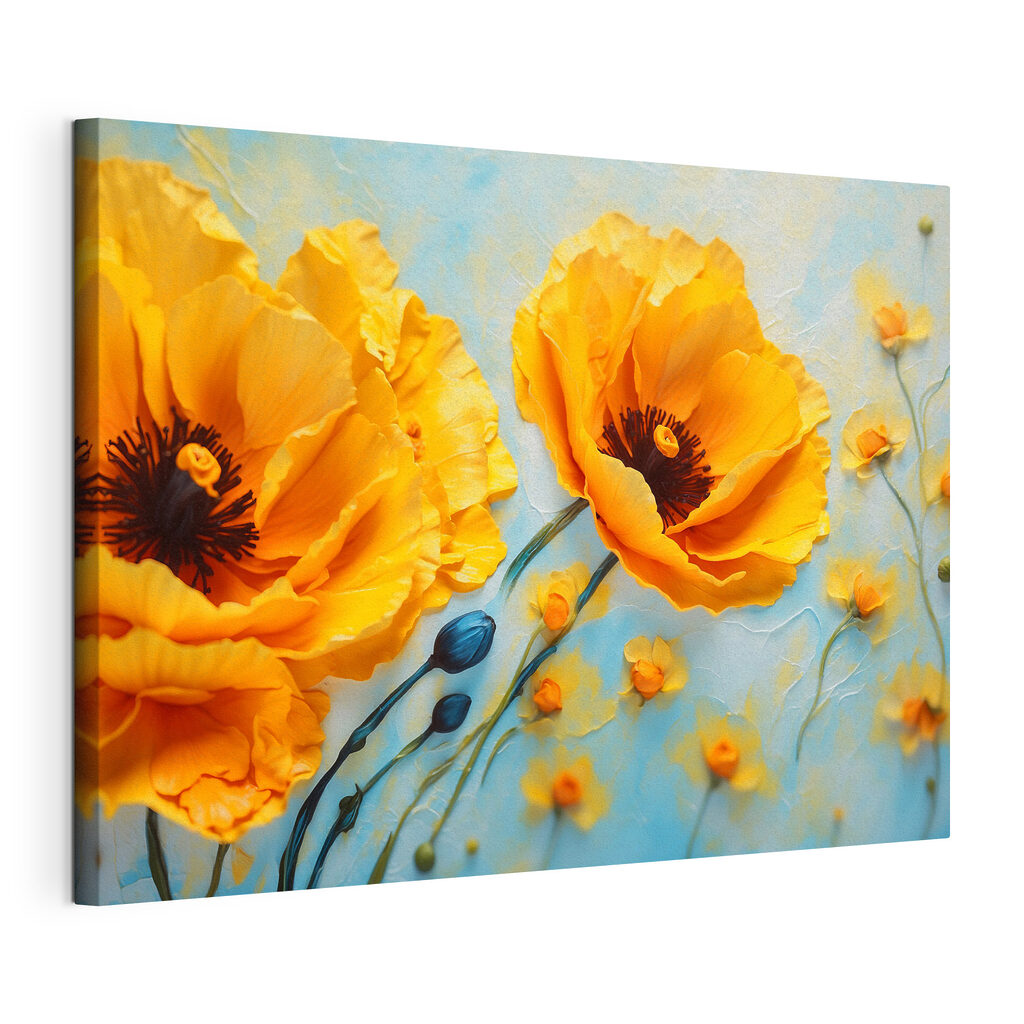 Coquelicots sur bleu ciel, toile tendue et bord enveloppé