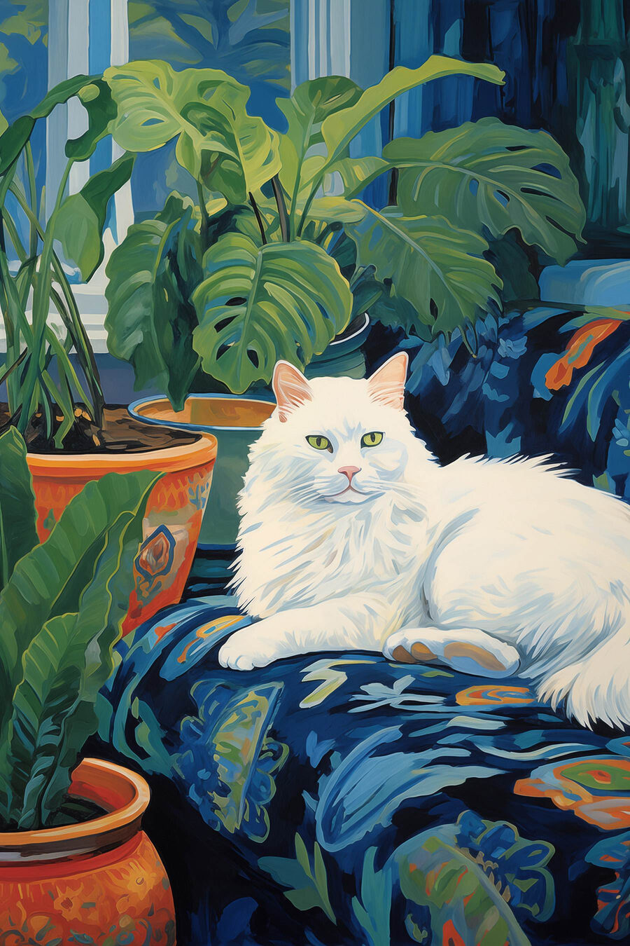 Chat blanc et feuillage — motif complet