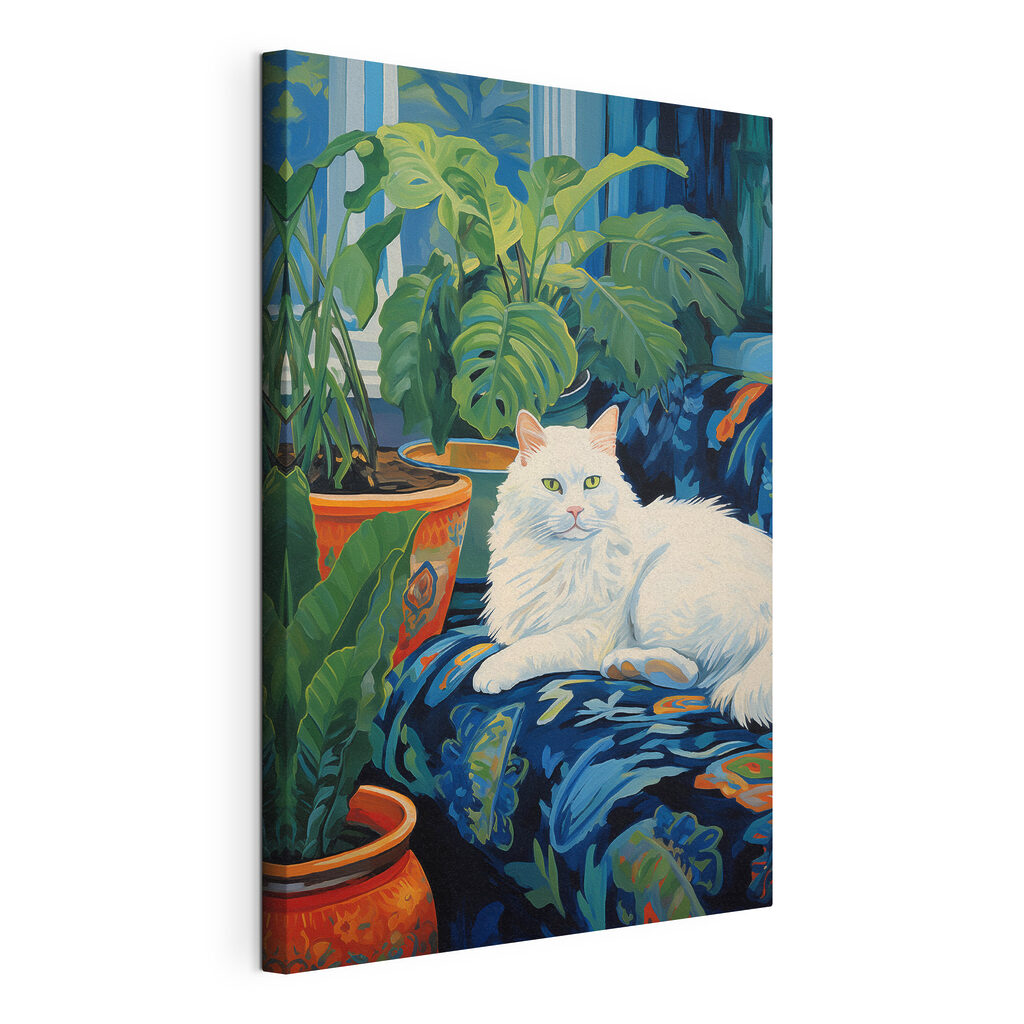 Chat blanc et feuillage, toile tendue et bord enveloppé