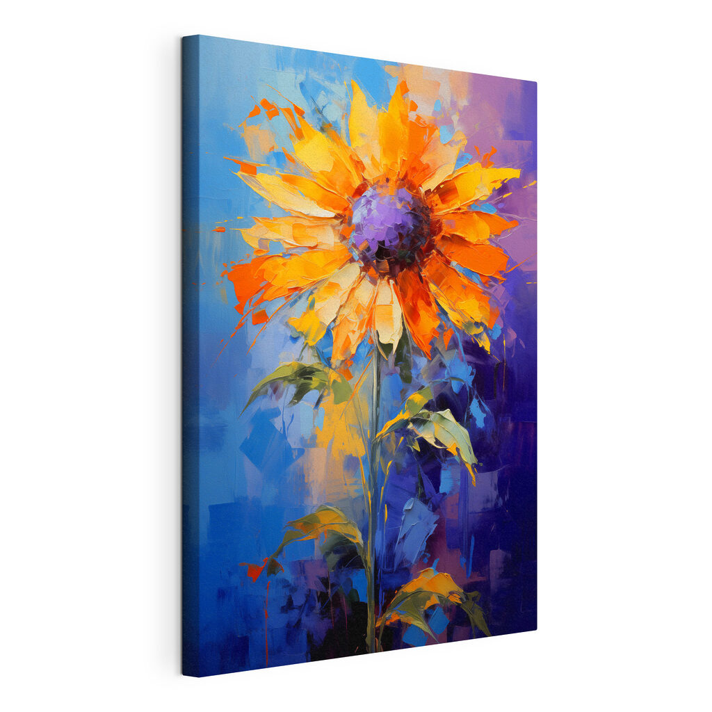 Tournesol et touches cobalt, toile tendue et bord enveloppé