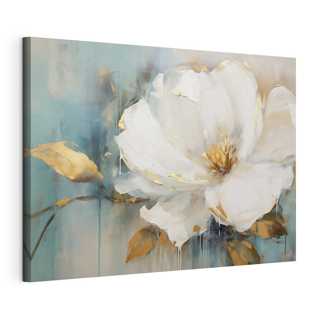 Fleur blanche, vert d’eau, toile tendue et bord enveloppé