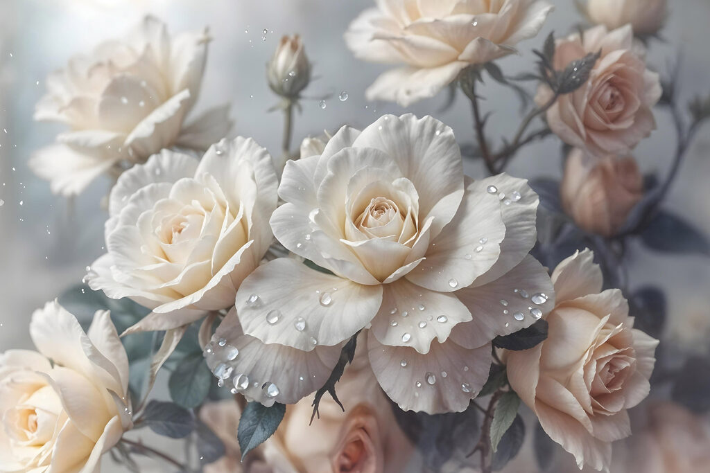 Roses crème aux gouttelettes — motif complet