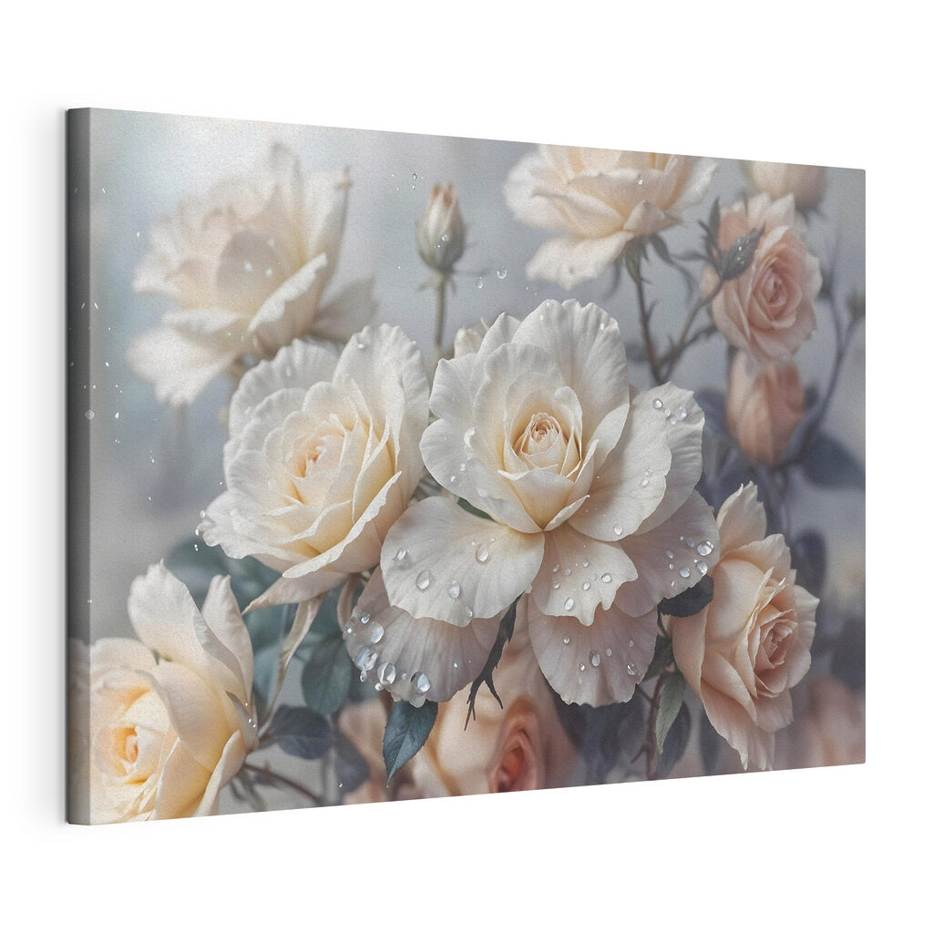 Roses crème aux gouttelettes, toile tendue et bord enveloppé