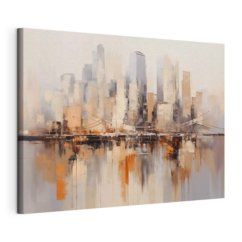 Ville en reflets chauds, toile tendue et bord enveloppé