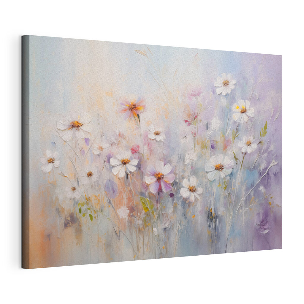 Marguerites et touches lilas, toile tendue et bord enveloppé