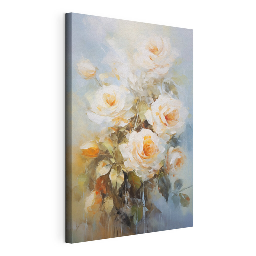 Roses crème, traits colorés, toile tendue et bord enveloppé