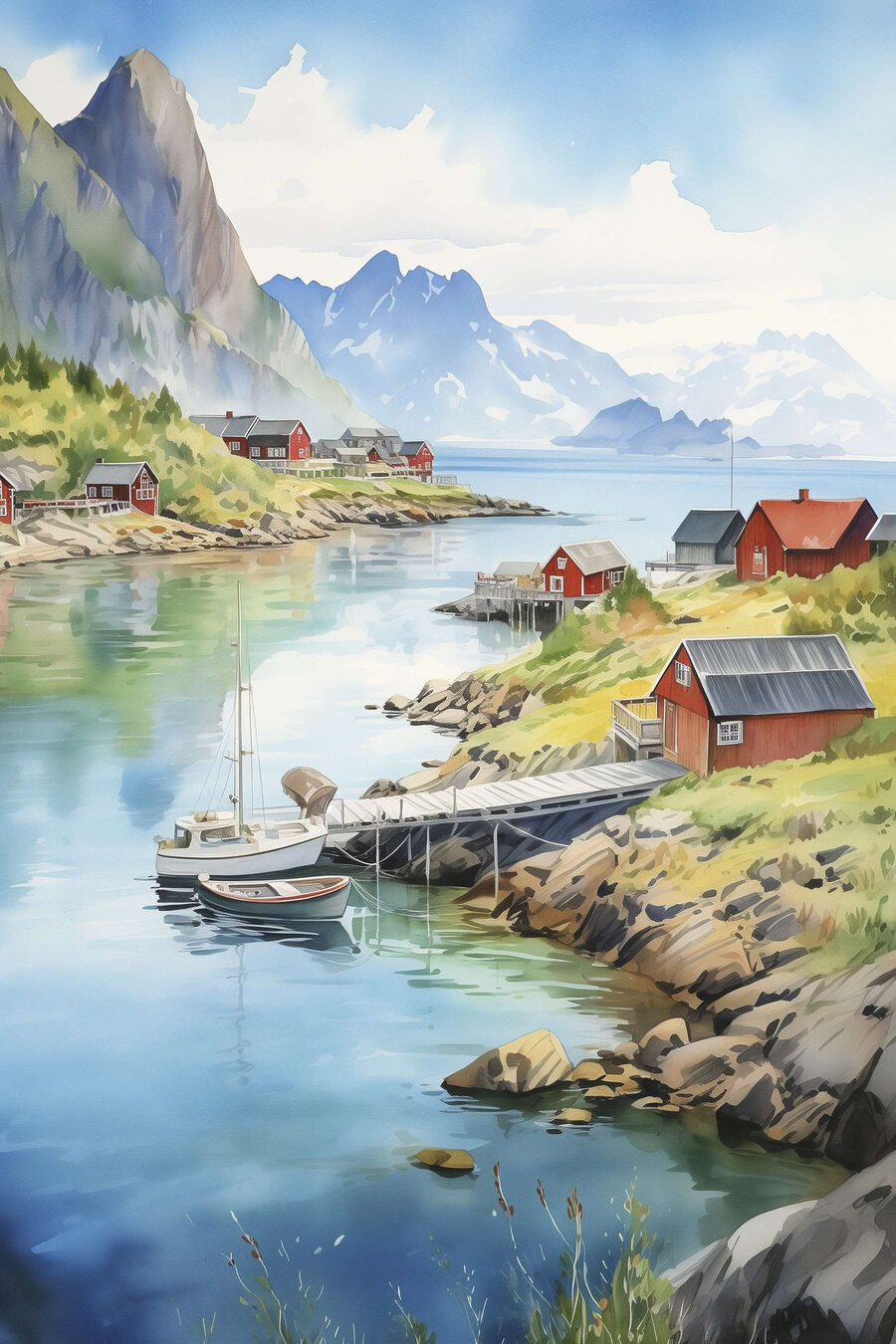 Maisonnettes rouges et montagnes — motif complet