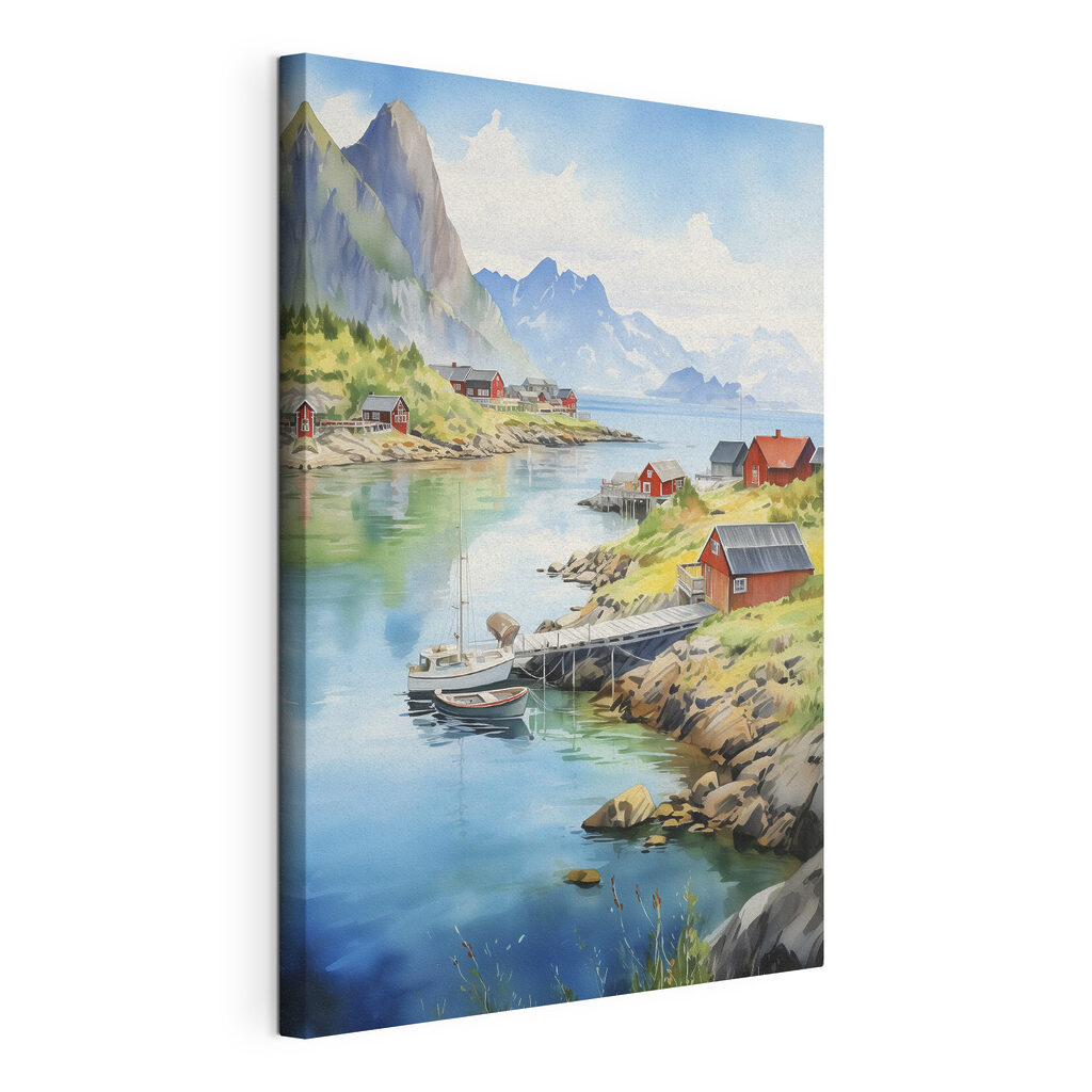 Maisonnettes rouges et montagnes, toile tendue et bord enveloppé