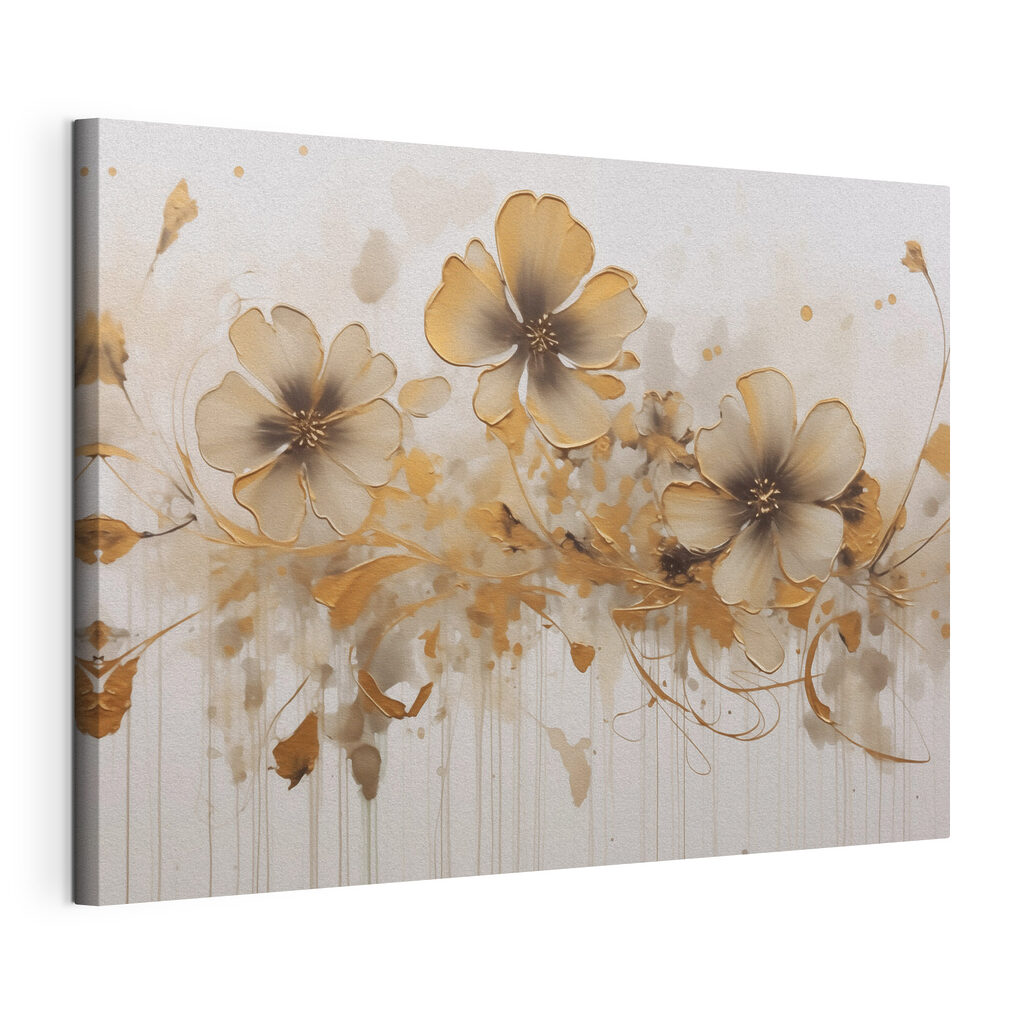 Fleurs mordorées et volutes, toile tendue et bord enveloppé