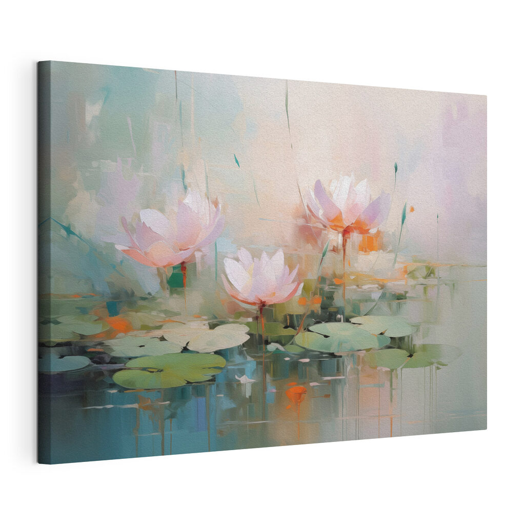 Nymphéas roses, lumière pastel, toile tendue et bord enveloppé