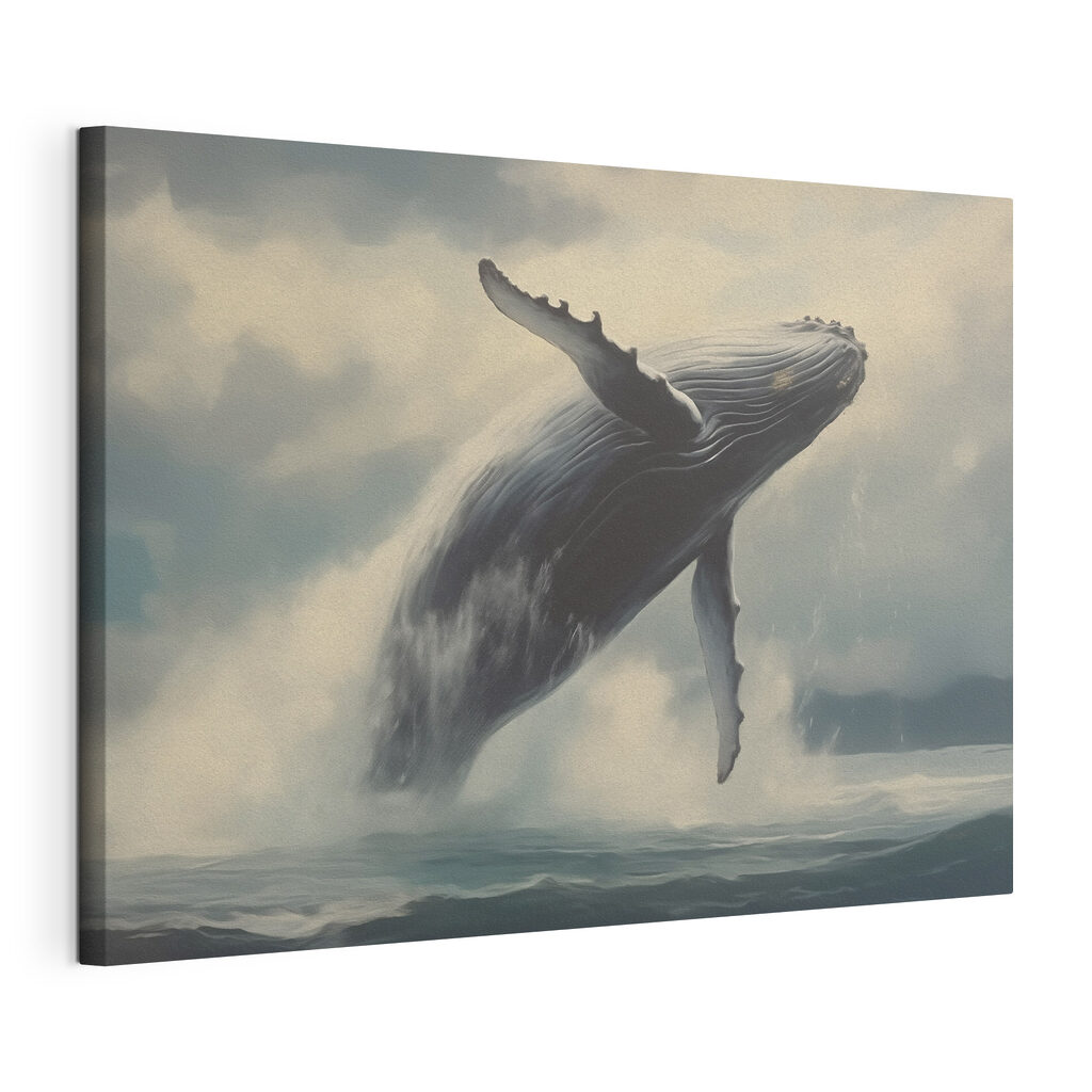 Baleine jaillissant des flots, toile tendue et bord enveloppé