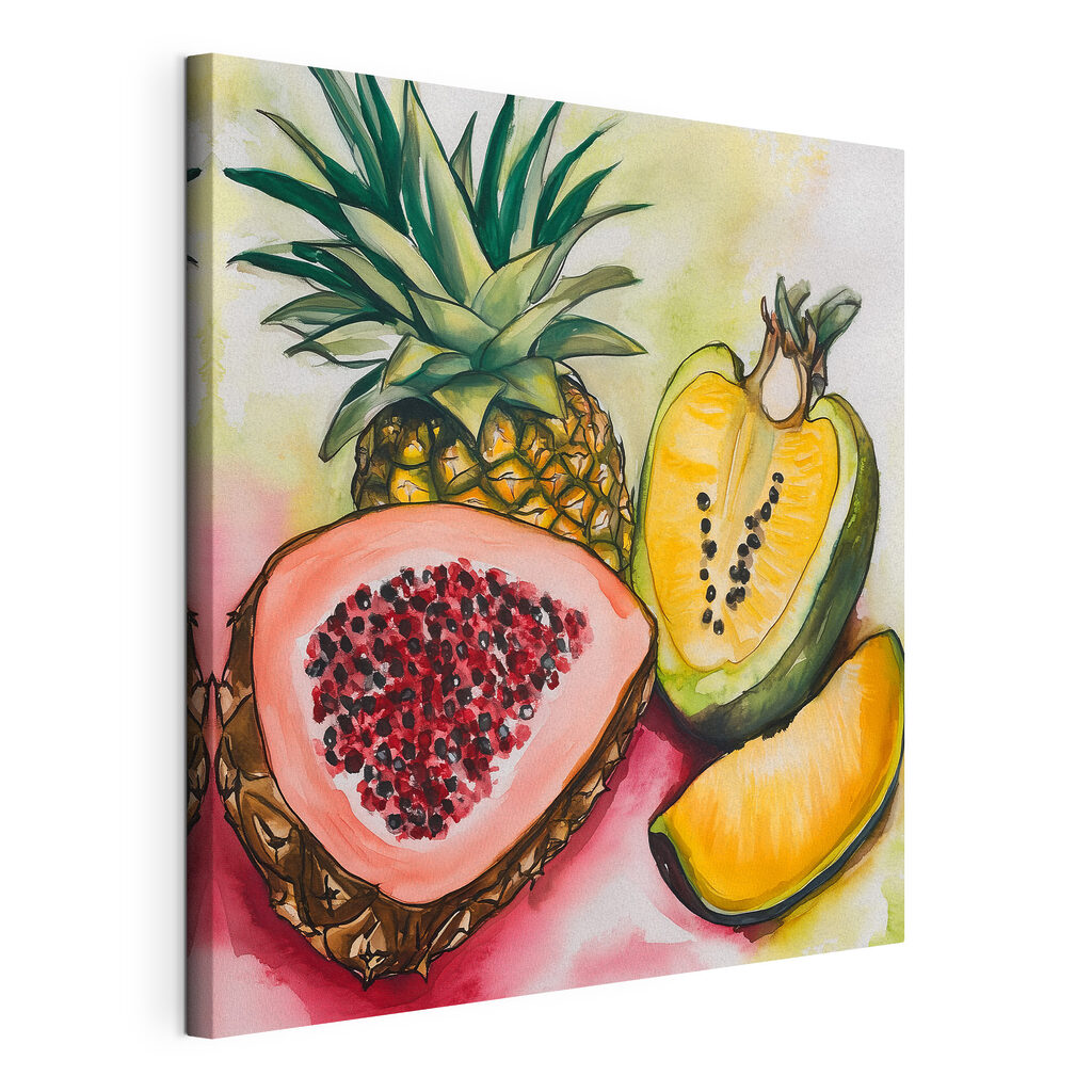 Fruits tropicaux à l’aquarelle, toile tendue et bord enveloppé