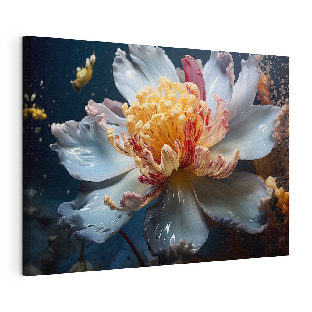 Fleur bleue, cœur orange, toile tendue et bord enveloppé