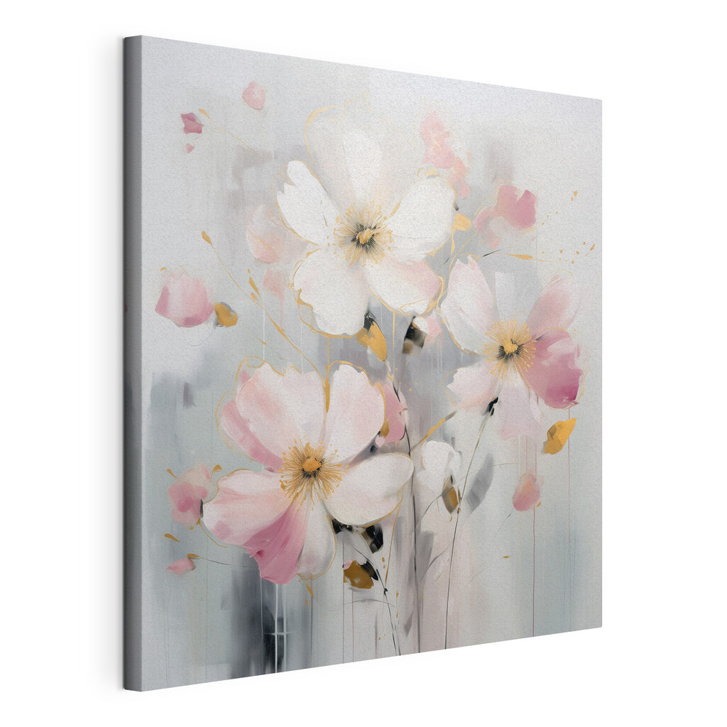 Fleurs blanches et rosées, toile tendue et bord enveloppé