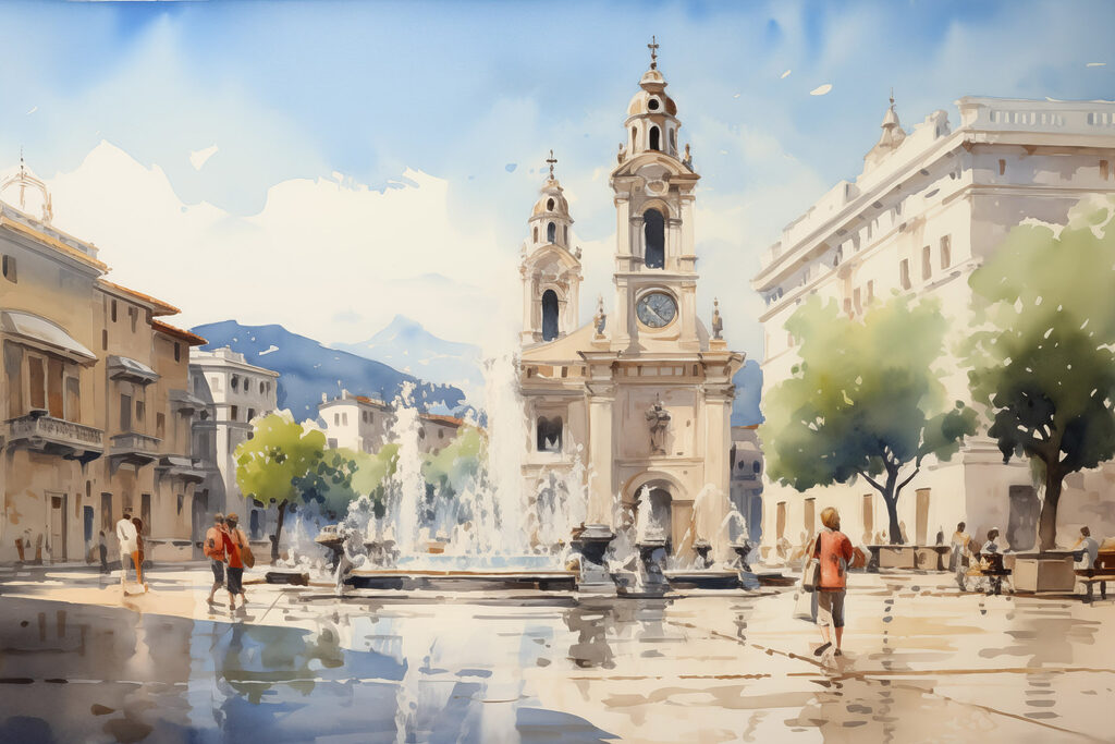Place ensoleillée et clochers — motif complet