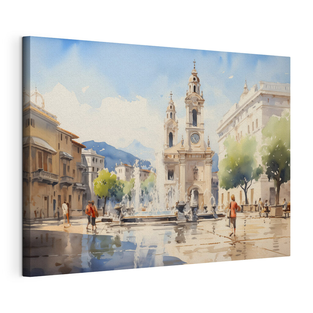 Place ensoleillée et clochers, toile tendue et bord enveloppé