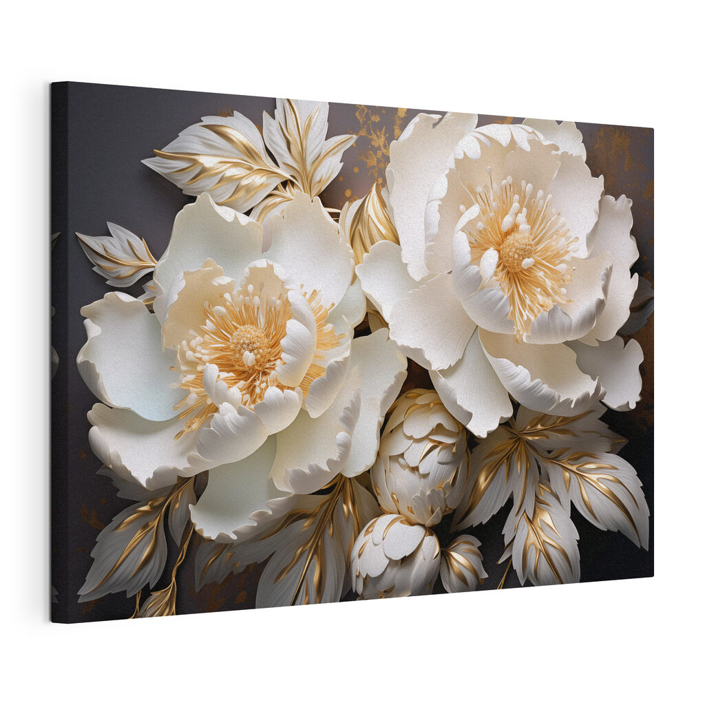 Fleurs crème sur anthracite, toile tendue et bord enveloppé