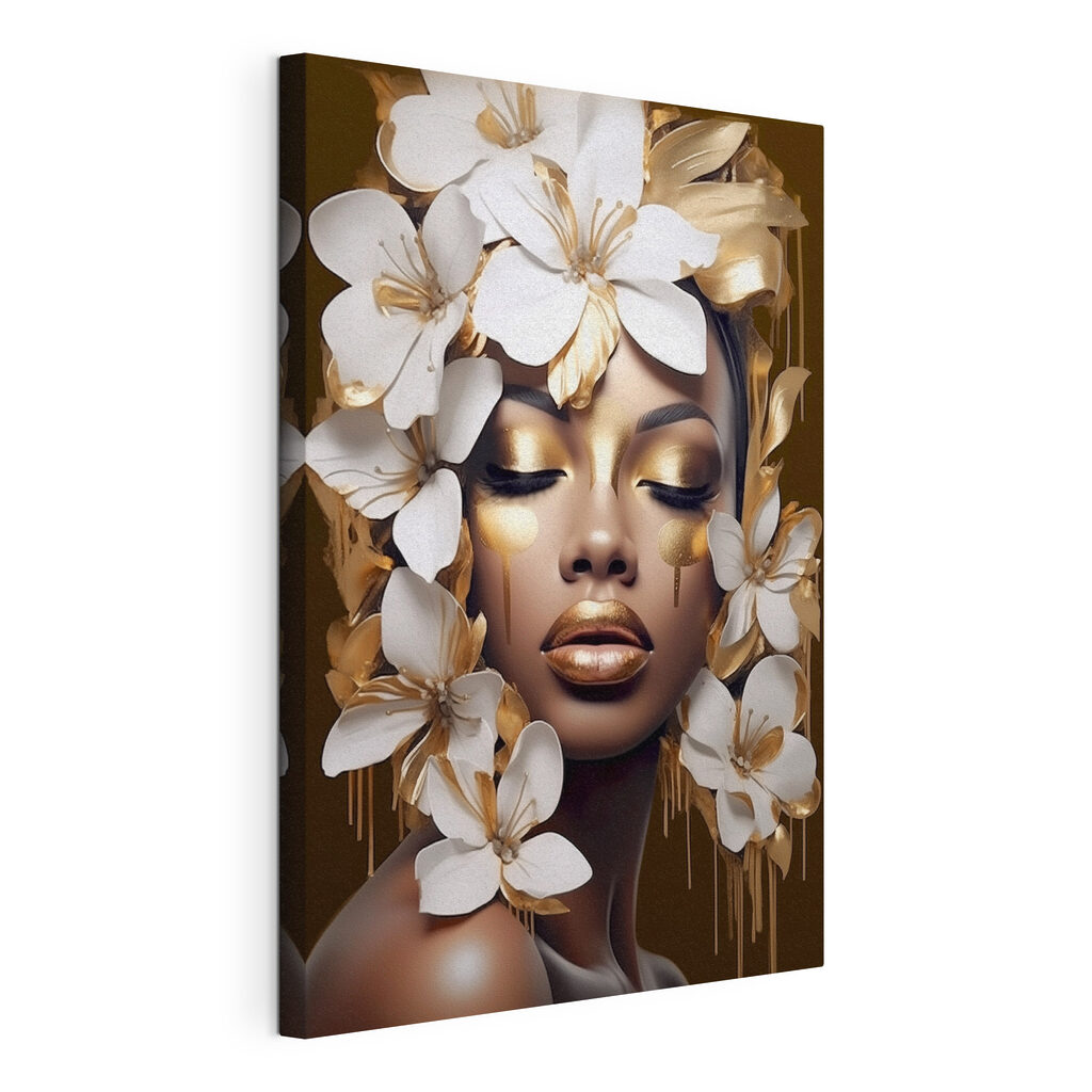 Fleurs blanches, paupières d’or, toile tendue et bord enveloppé