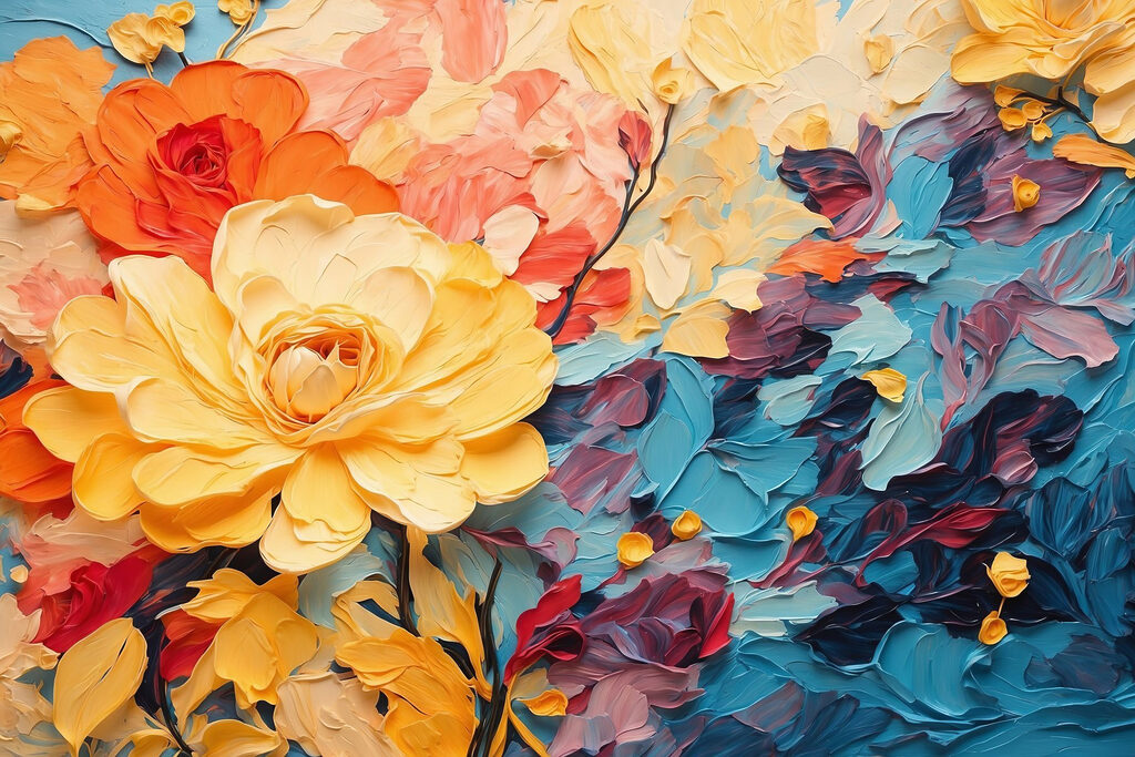 Roses jaunes, traits corail — motif complet
