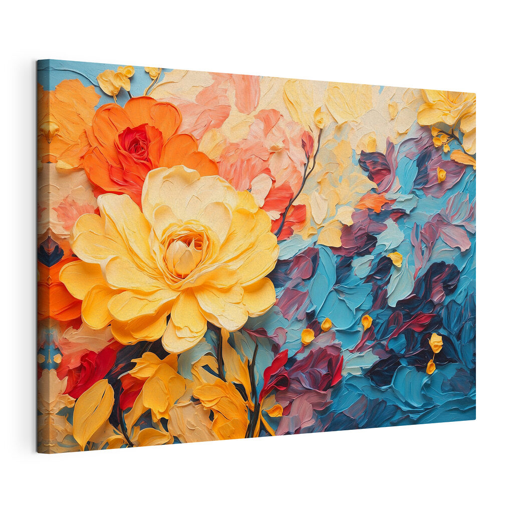 Roses jaunes, traits corail, toile tendue et bord enveloppé