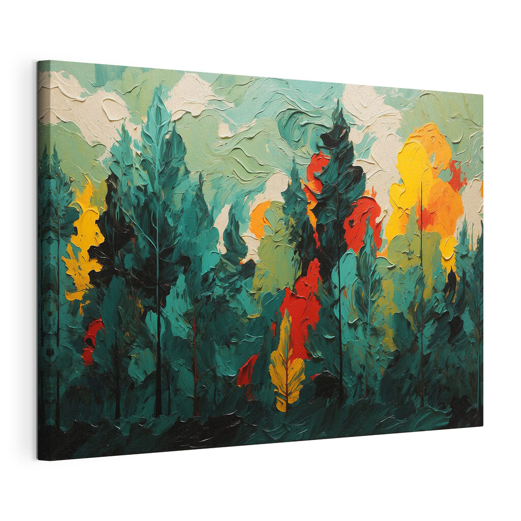 Pins sombres, couleurs vives, toile tendue et bord enveloppé