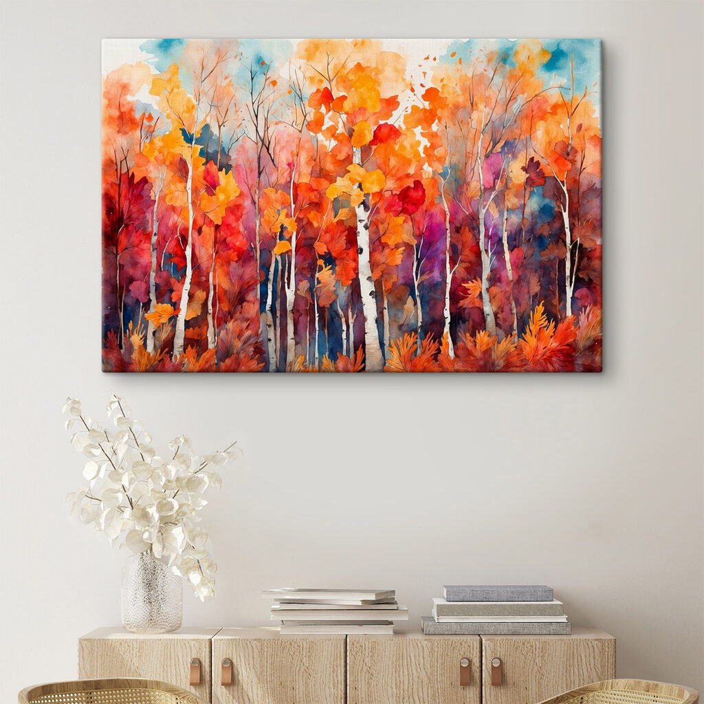 Bouleaux d’automne à l’aquarelle dans un intérieur
