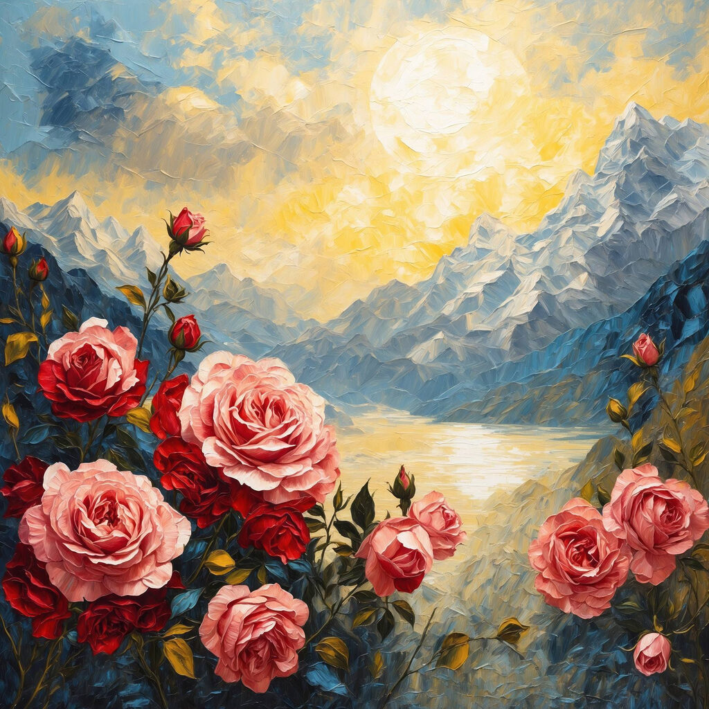 Roses face au lac — motif complet