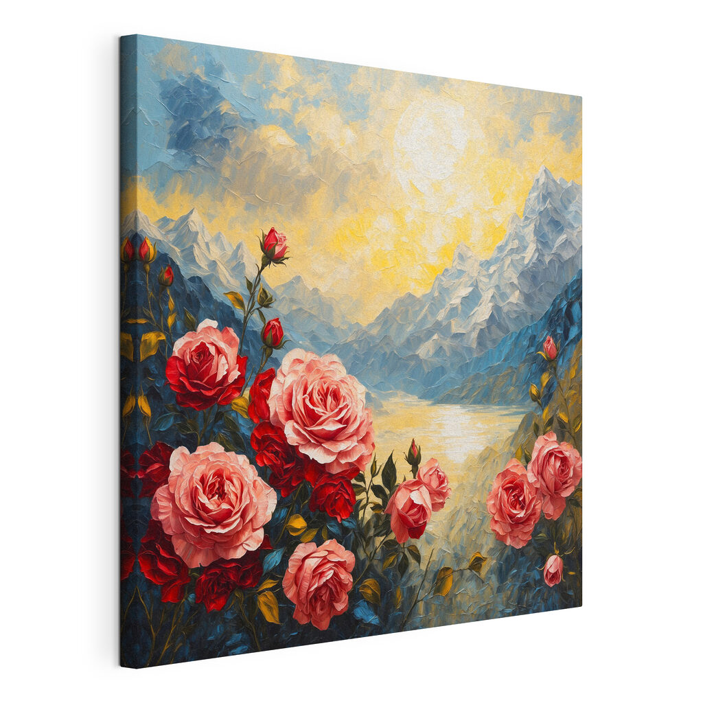 Roses face au lac, toile tendue et bord enveloppé