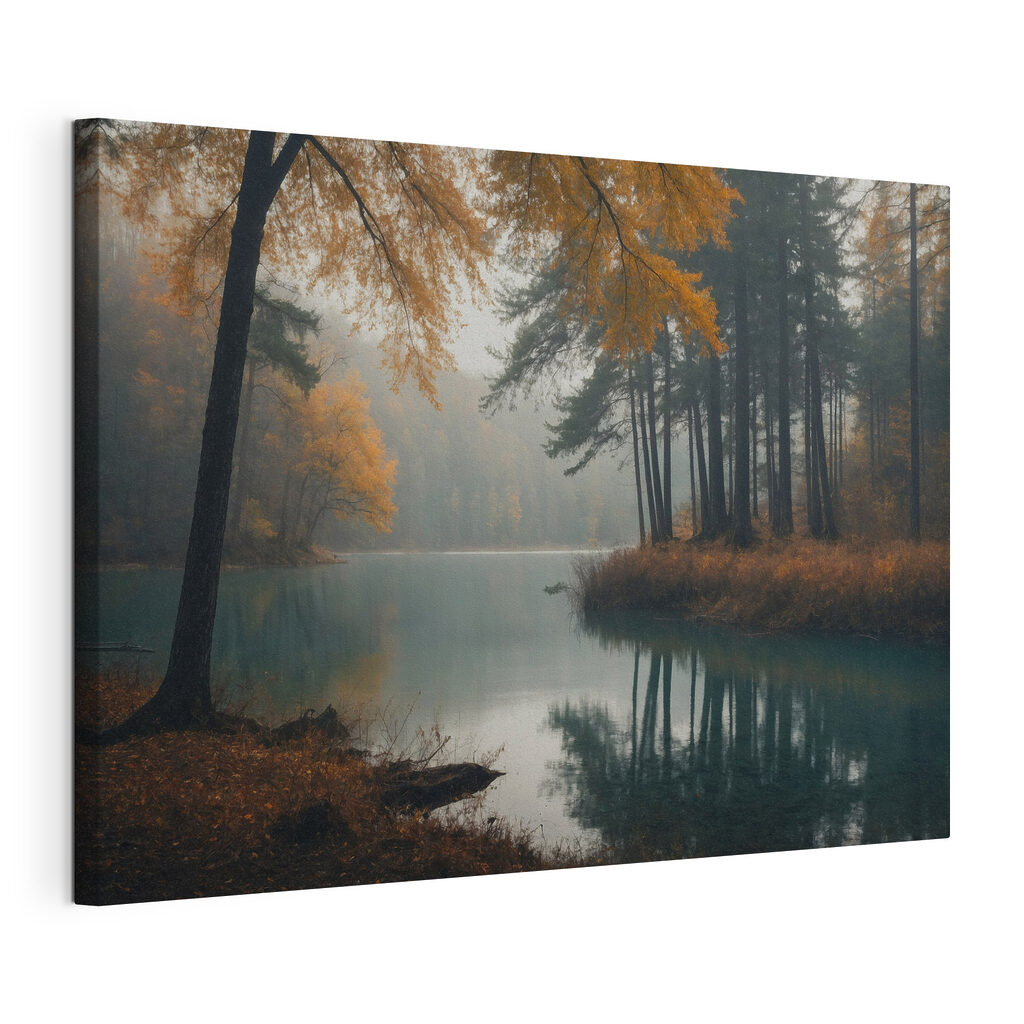 Automne au lac turquoise, toile tendue et bord enveloppé