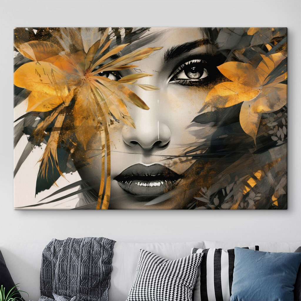 Visage aux feuilles d’or dans un intérieur
