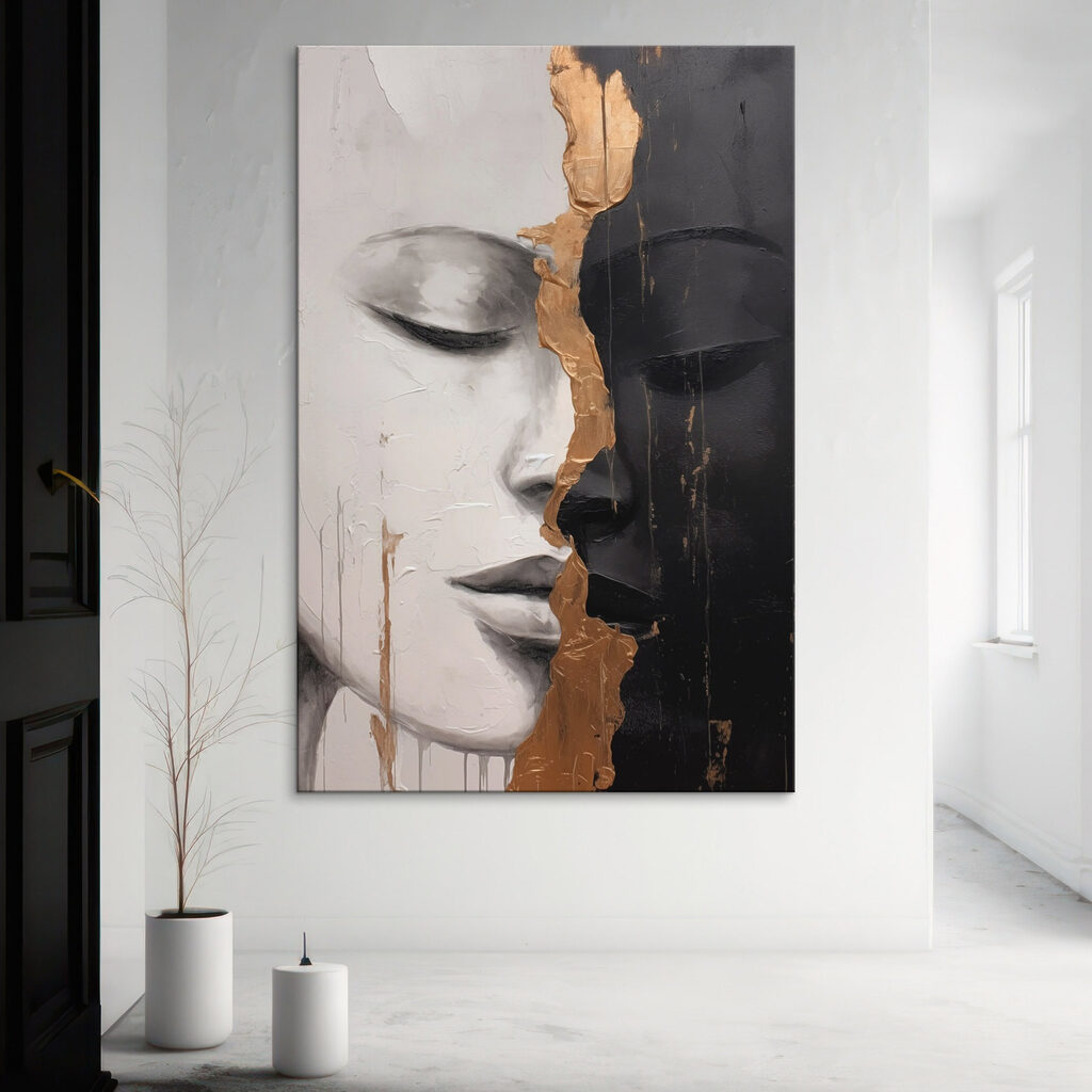 Deux visages, ligne d’or dans un intérieur