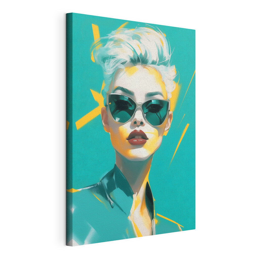 Lunettes noires sur turquoise, toile tendue et bord enveloppé