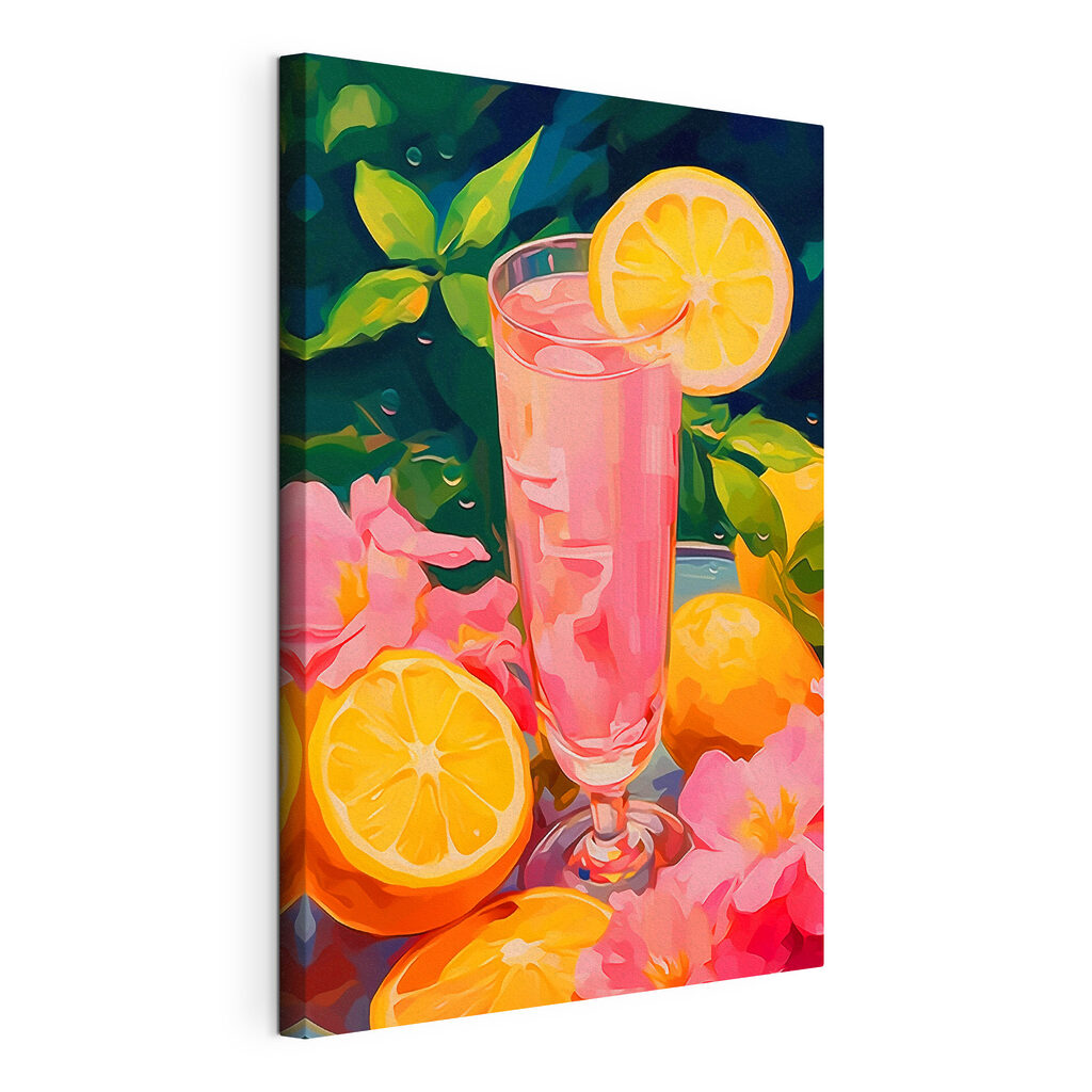 Boisson rose et fleurs, toile tendue et bord enveloppé
