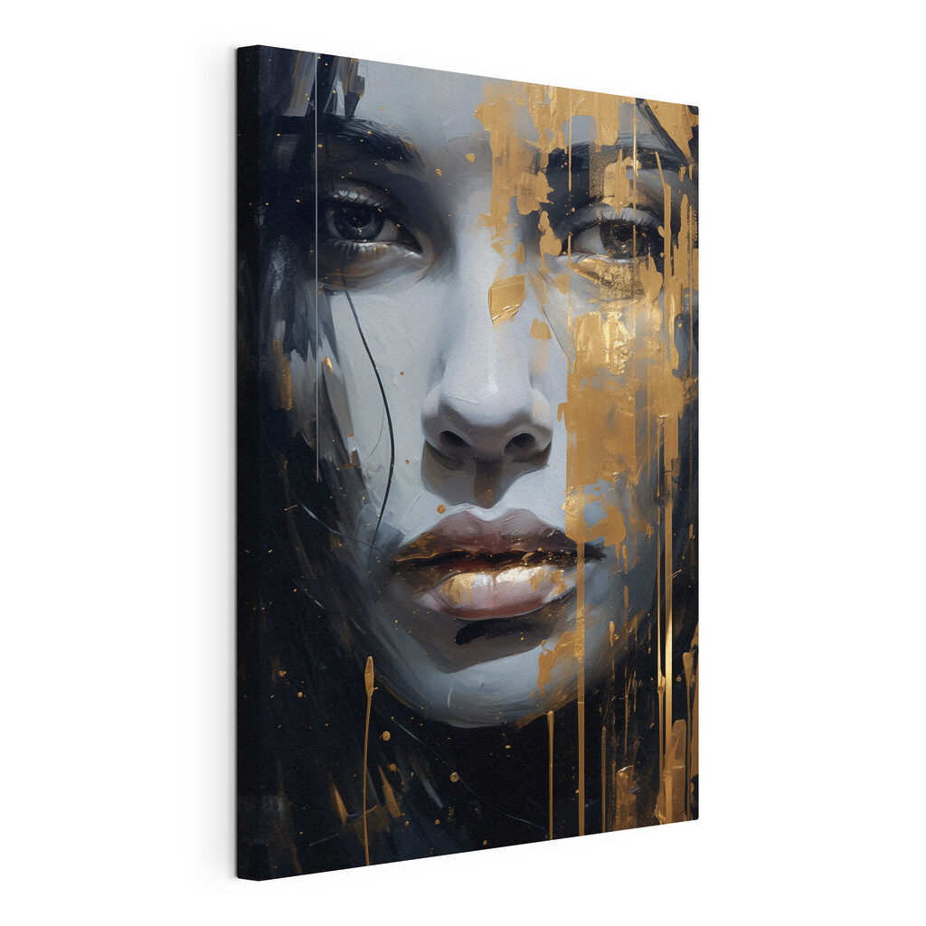 Regard sombre, éclats d’or, toile tendue et bord enveloppé