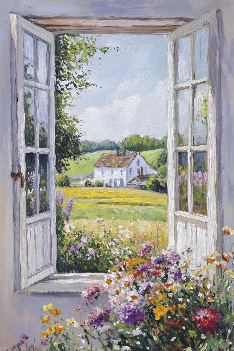 Fenêtre sur prairie fleurie — motif complet