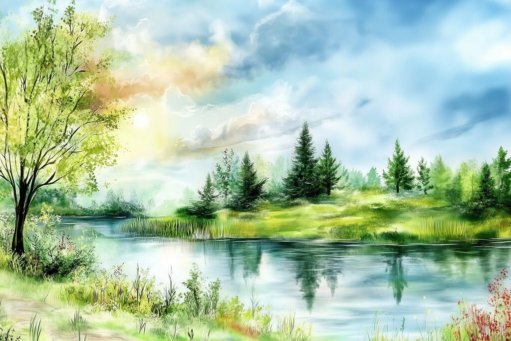 Rive verte, nuages d’été — motif complet