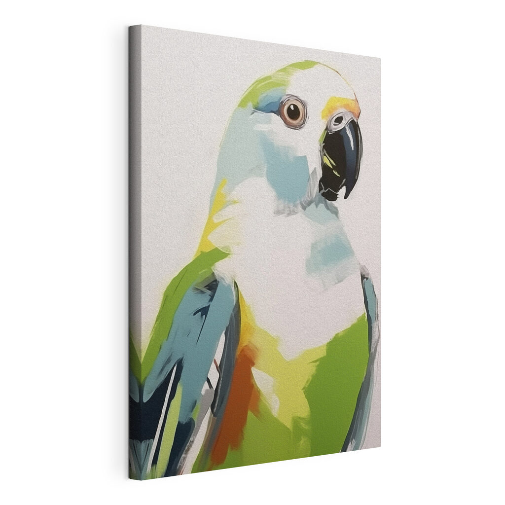 Perroquet vert en aplats, toile tendue et bord enveloppé
