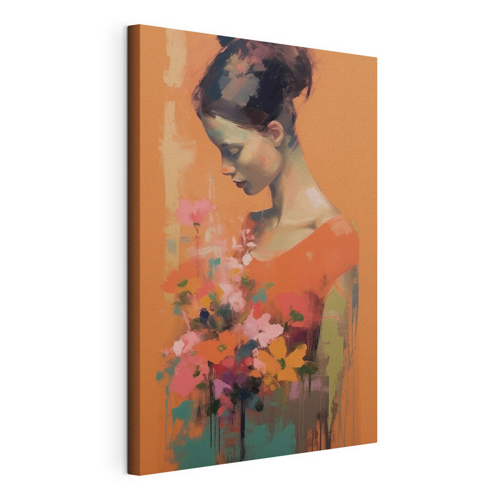 Robe orange et fleurs, toile tendue et bord enveloppé