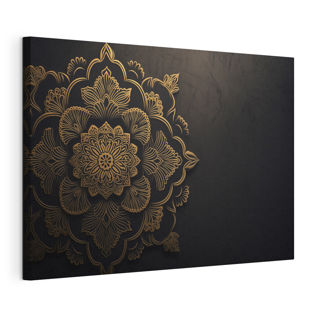 Mandala doré sur noir, toile tendue et bord enveloppé