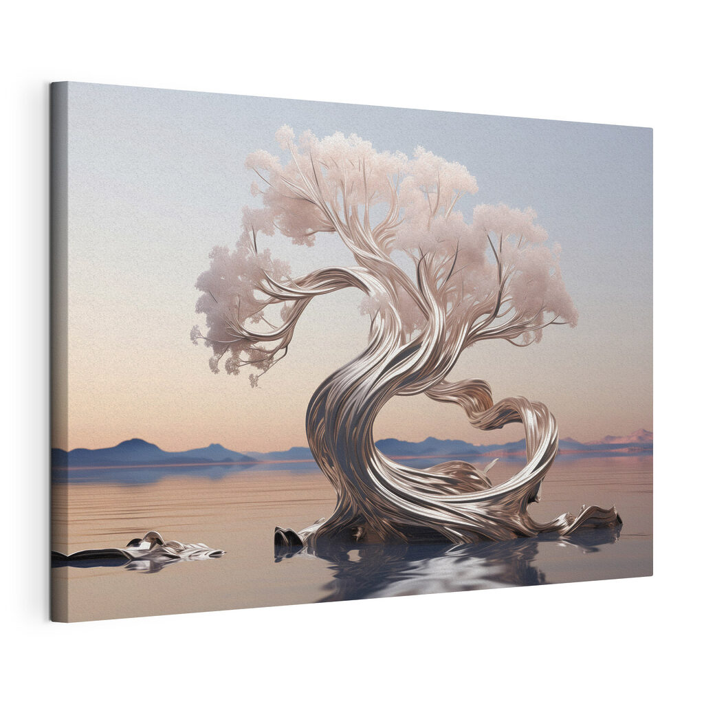 Arbre au tronc argenté, toile tendue et bord enveloppé