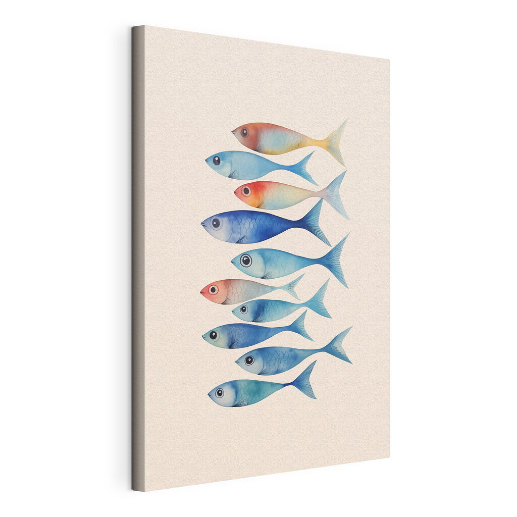 Rangée de petits poissons, toile tendue et bord enveloppé