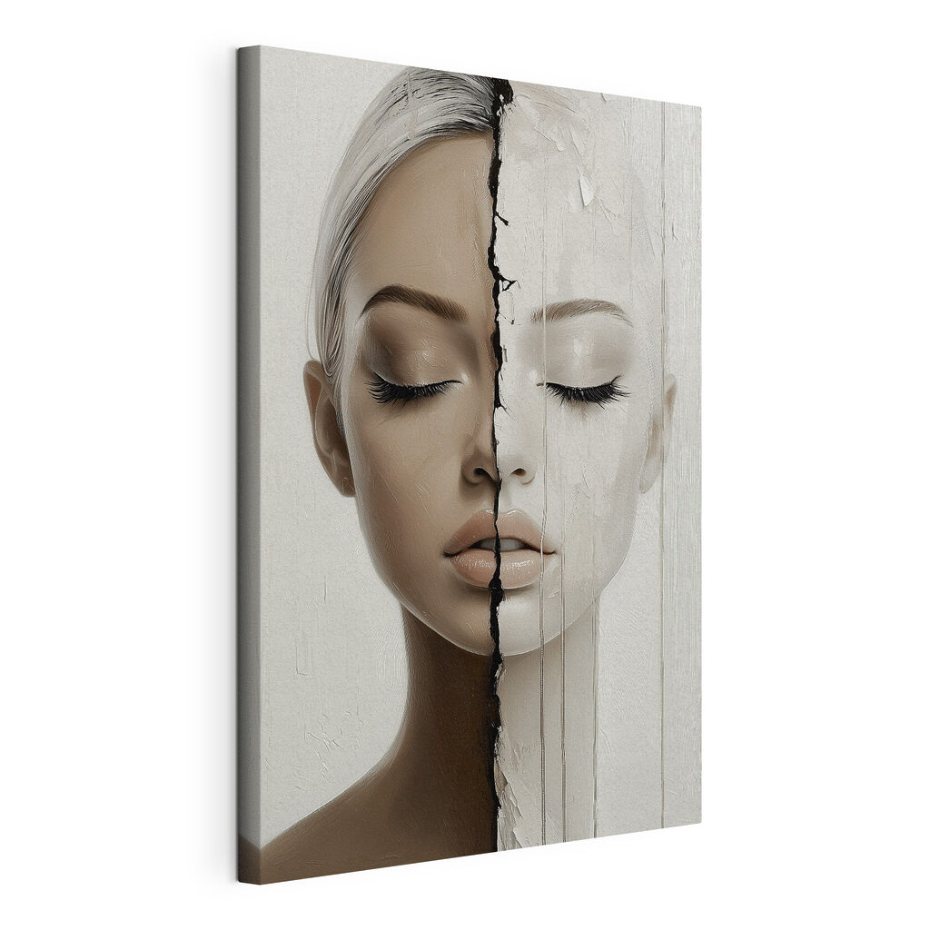 Visage en deux moitiés, toile tendue et bord enveloppé