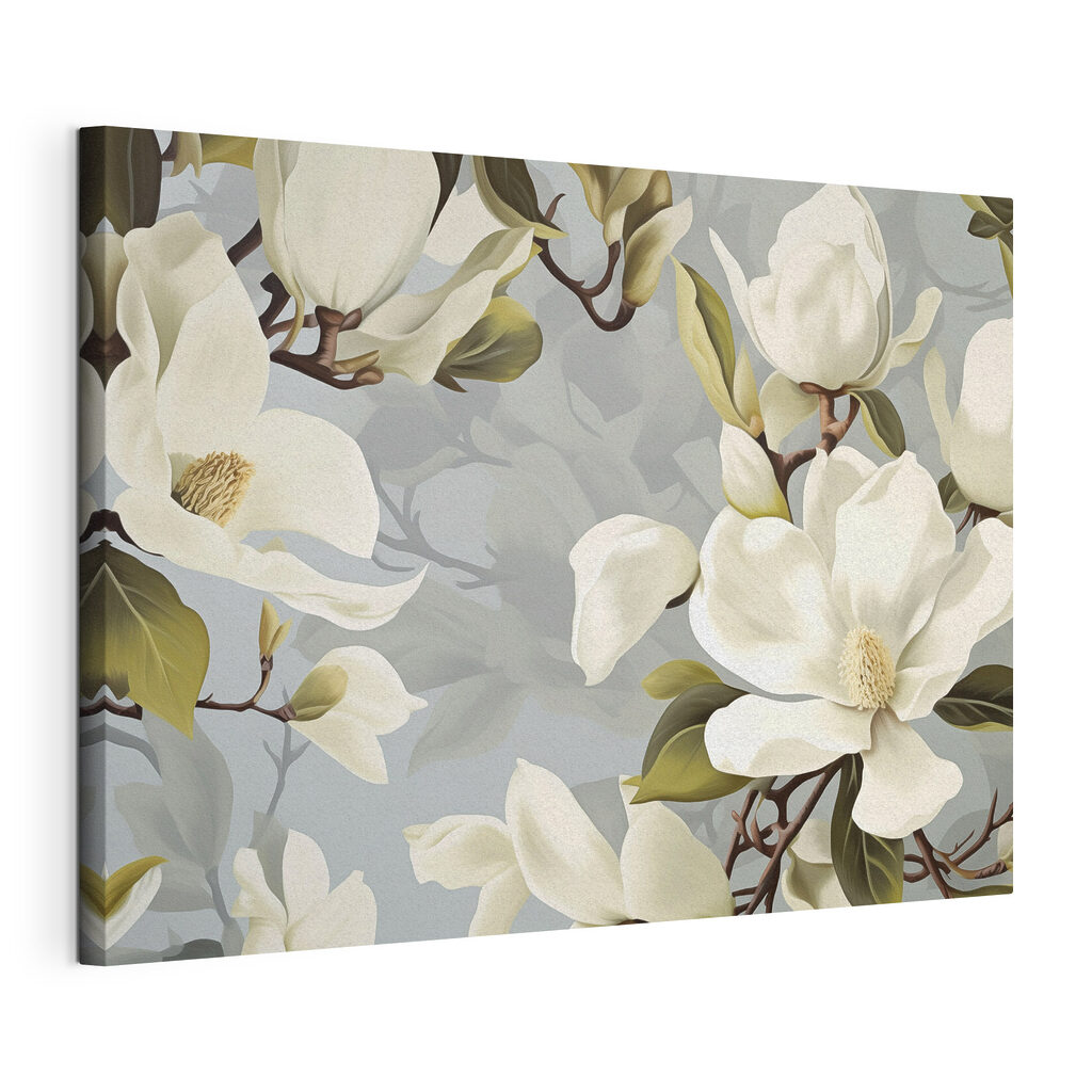 Magnolia crème et gris-vert, toile tendue et bord enveloppé