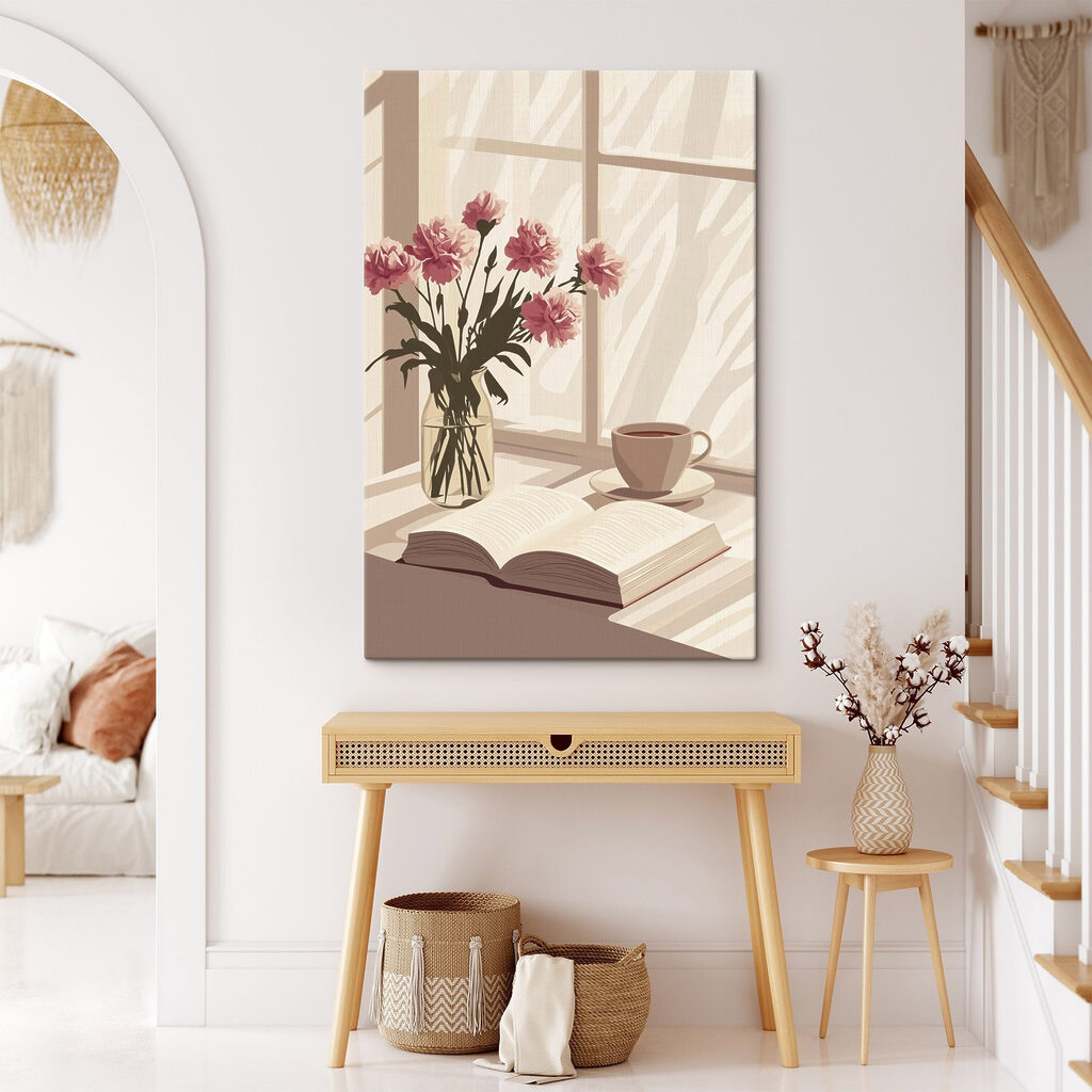 Livre et fleurs roses dans un intérieur