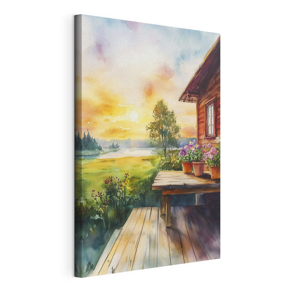 Terrasse au soleil couchant, toile tendue et bord enveloppé