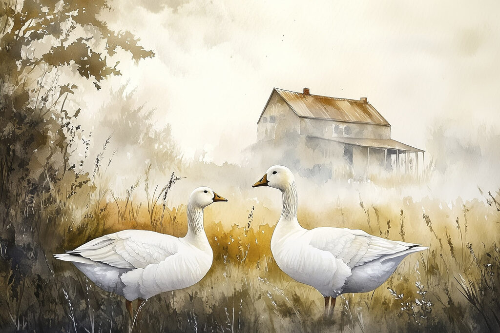 Oies dans l’herbe dorée — motif complet