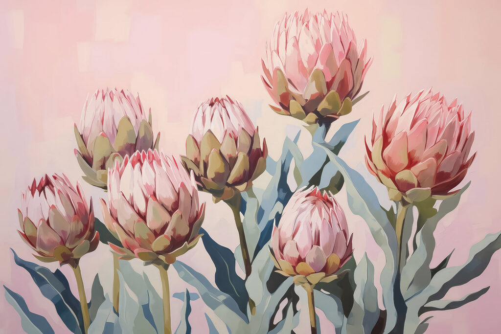 Protéas roses sur pastel — motif complet