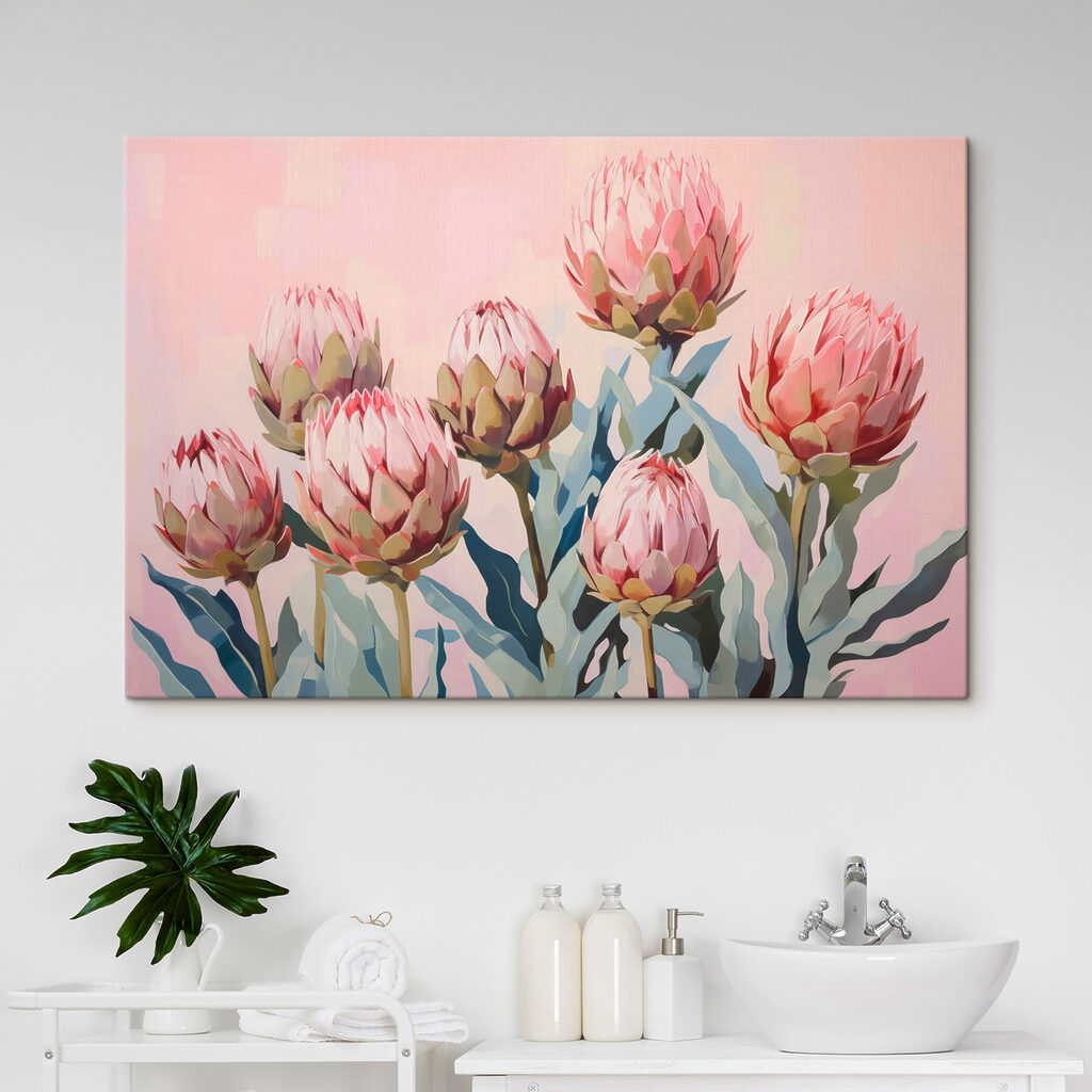 Protéas roses sur pastel — intérieur 2